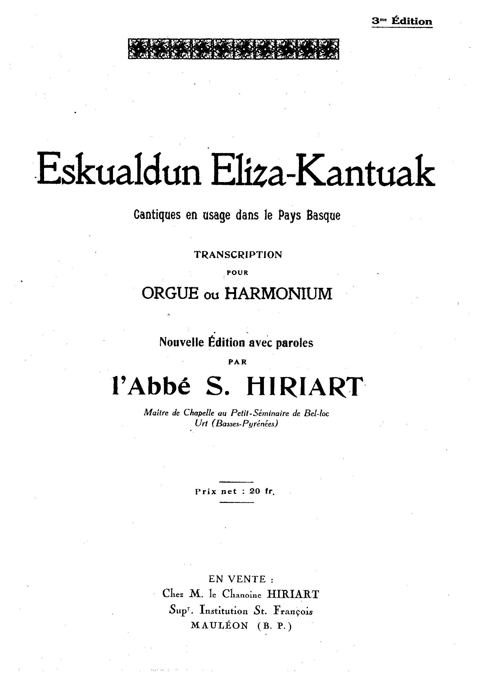 Illustration - Eskualdun Eliza-Kantuak – Sebastien Hiriart 1906 Organoa edo harmonioa